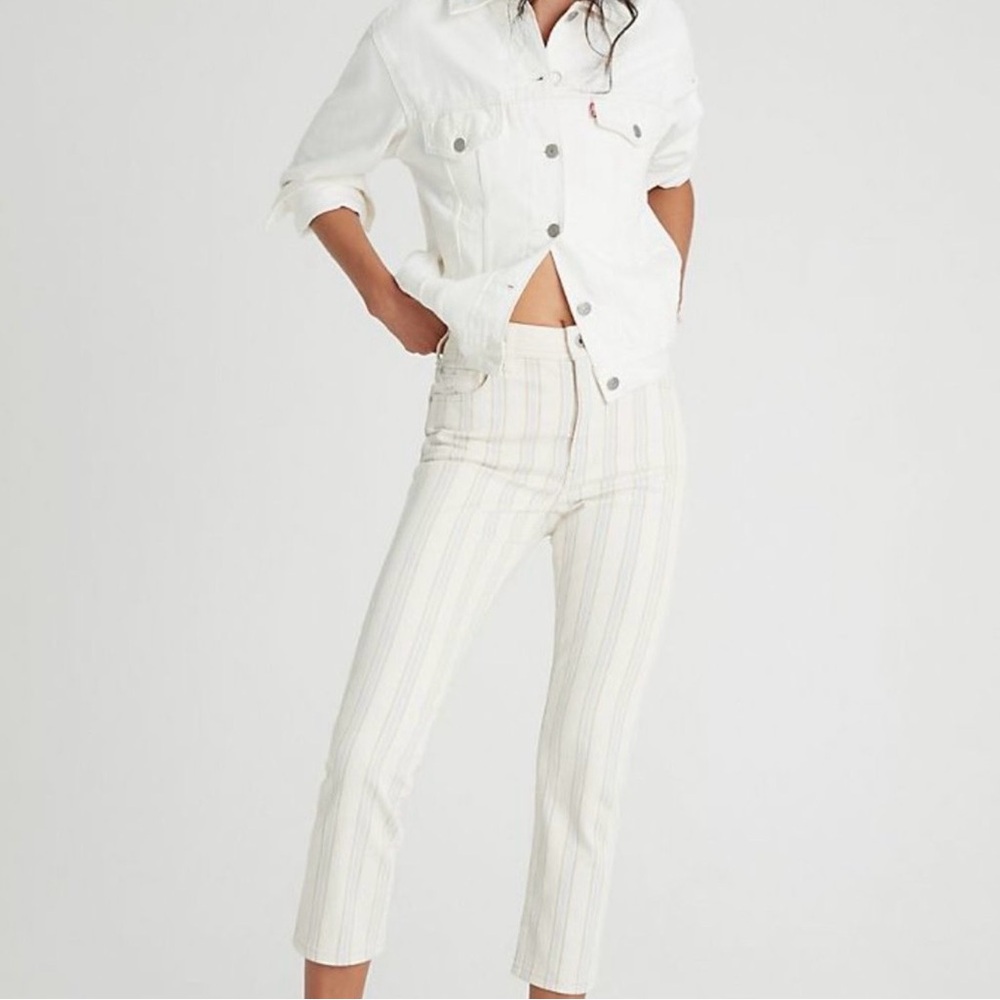 Anthropologie Pilcro & Letterpress Cream Denim Jeans with Tan and Blue Stripes